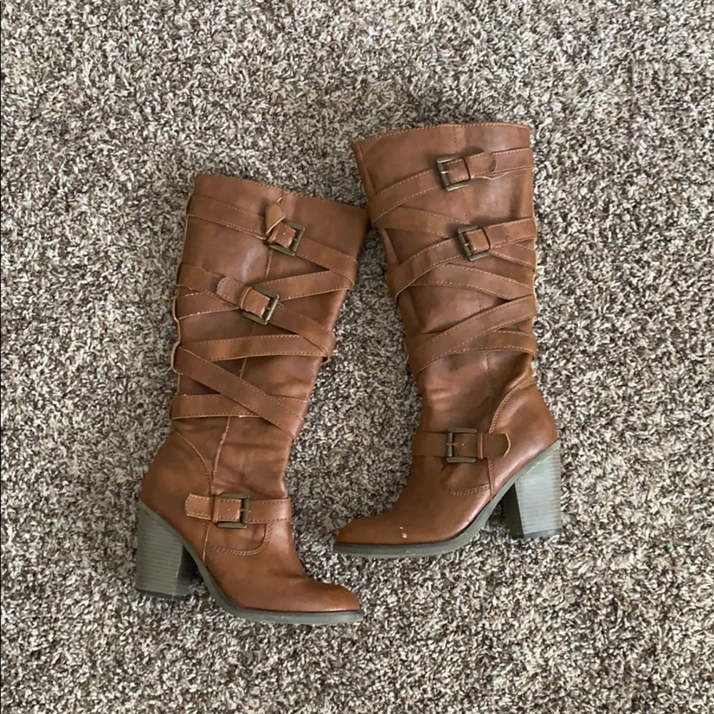 Madden Girl Women’s Knee High Cognac Buckle Boots